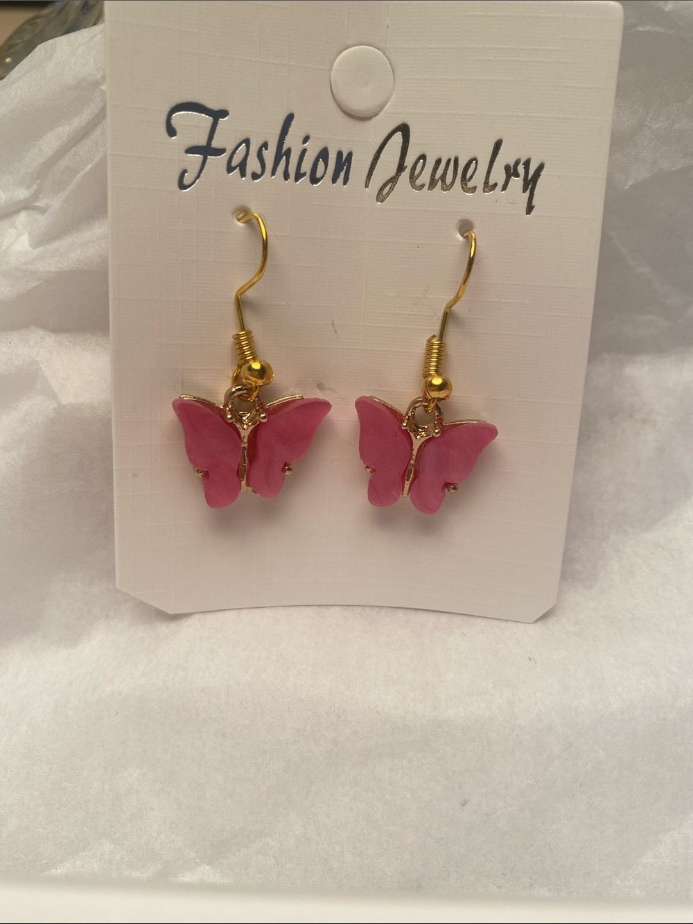 Fashion Jewelry Gold-Tone Pink Butterfly Dangle Earrings
